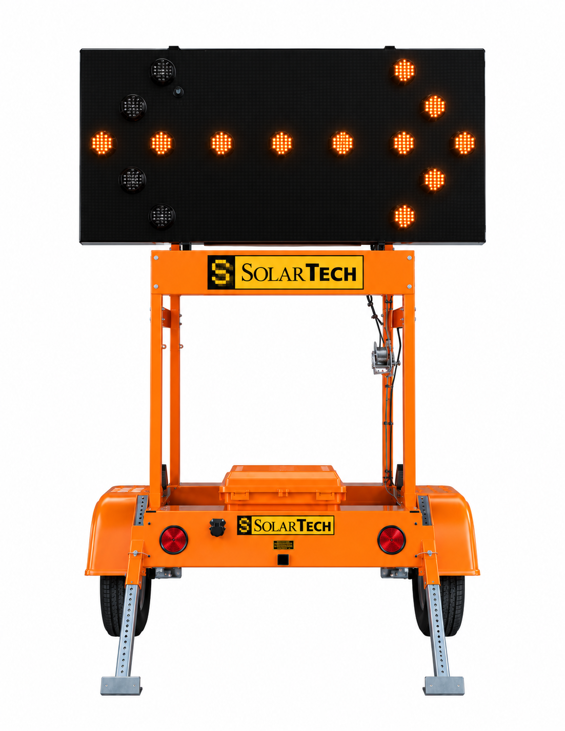 A connected SolarTech arrow board on its trailer